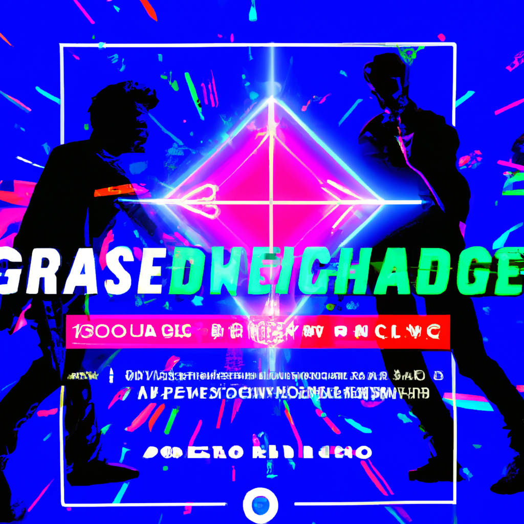 A neon arcade scene with HUD overlays and ephemeral particles